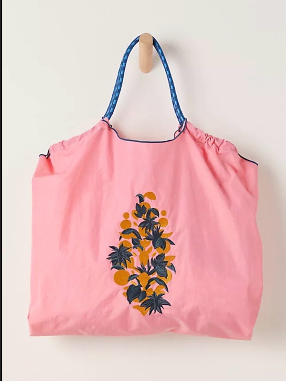 Free People Pink Tote with Navy Trim and Mustard Floral Design